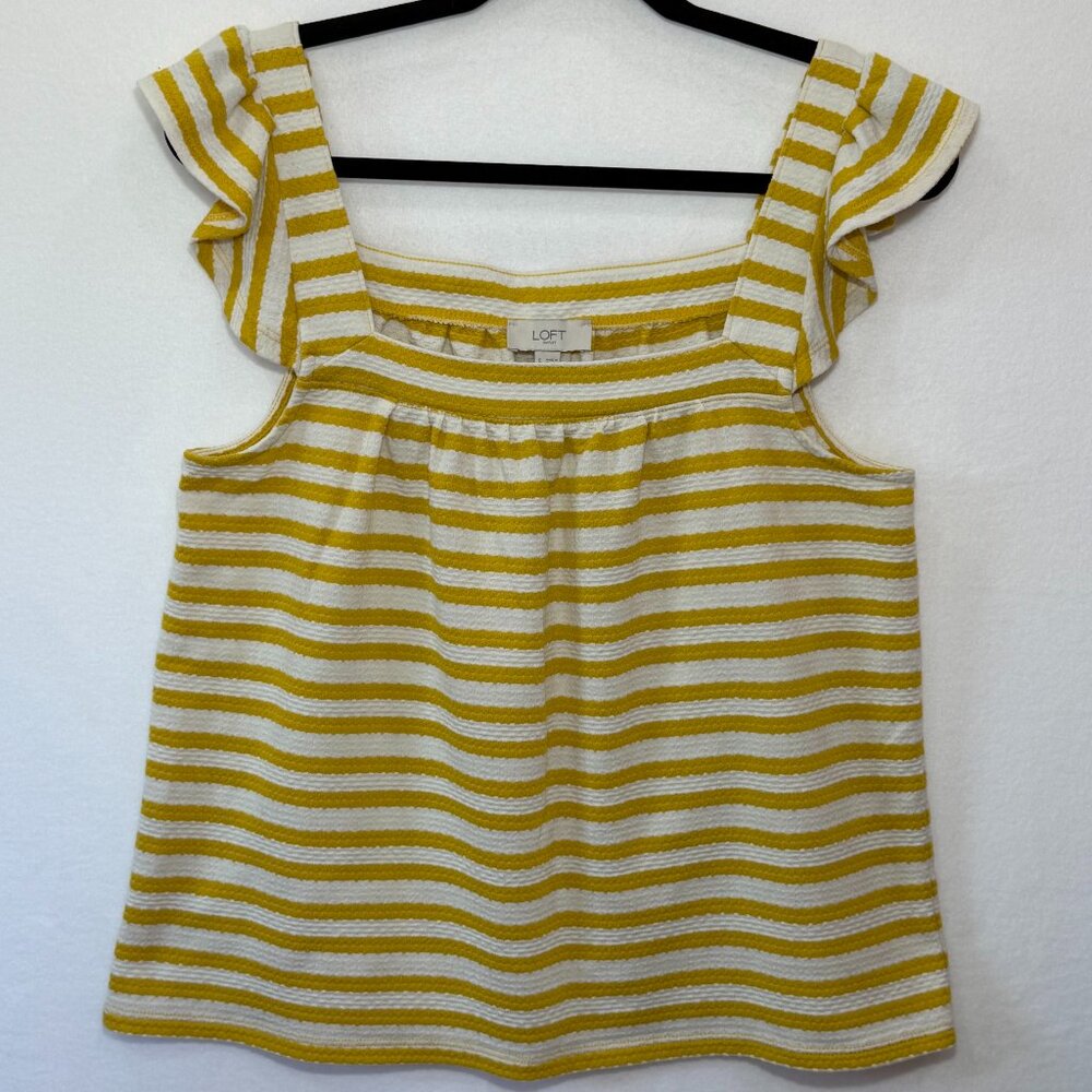 LOFT Ruffle Sleeve Tank – Yellow/White Stripe – Size Small